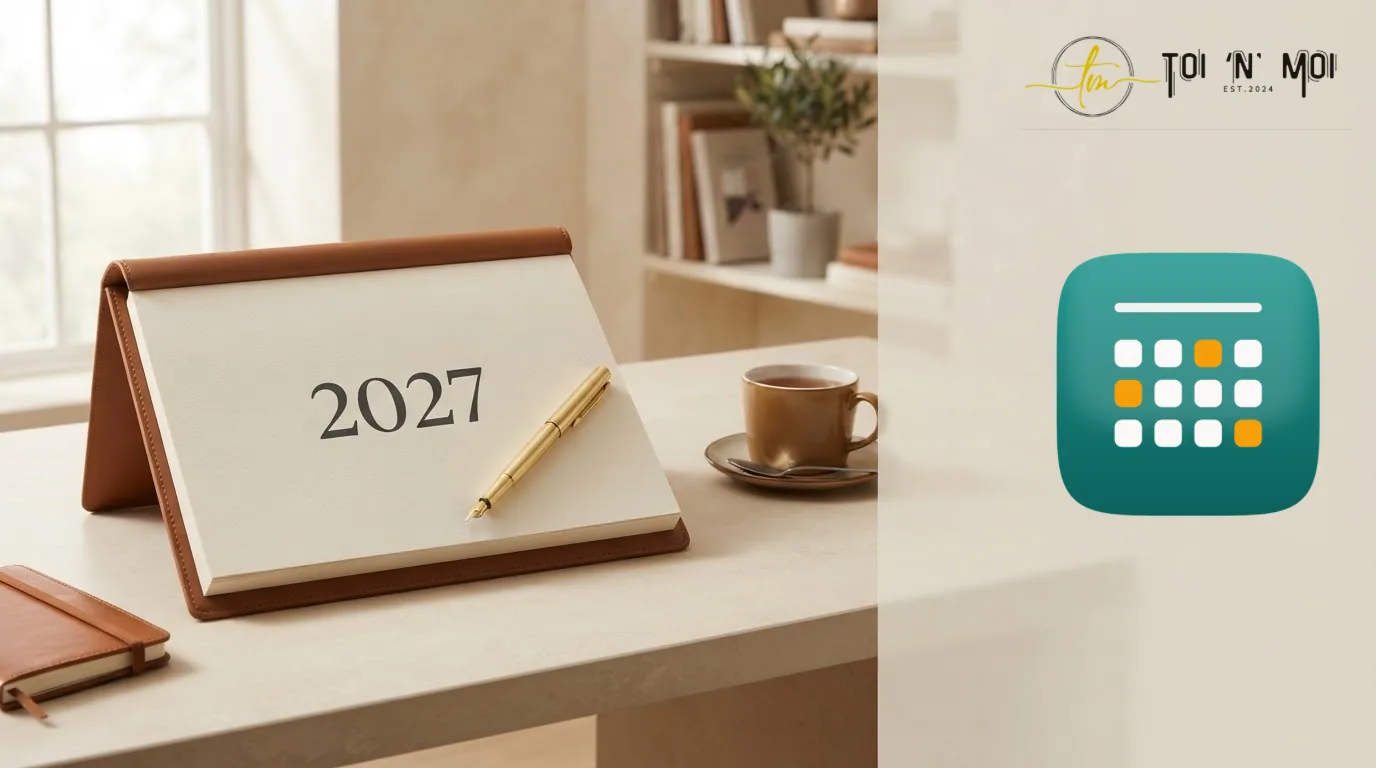 A desk calendar open on 2027, with a gold pen laid across it