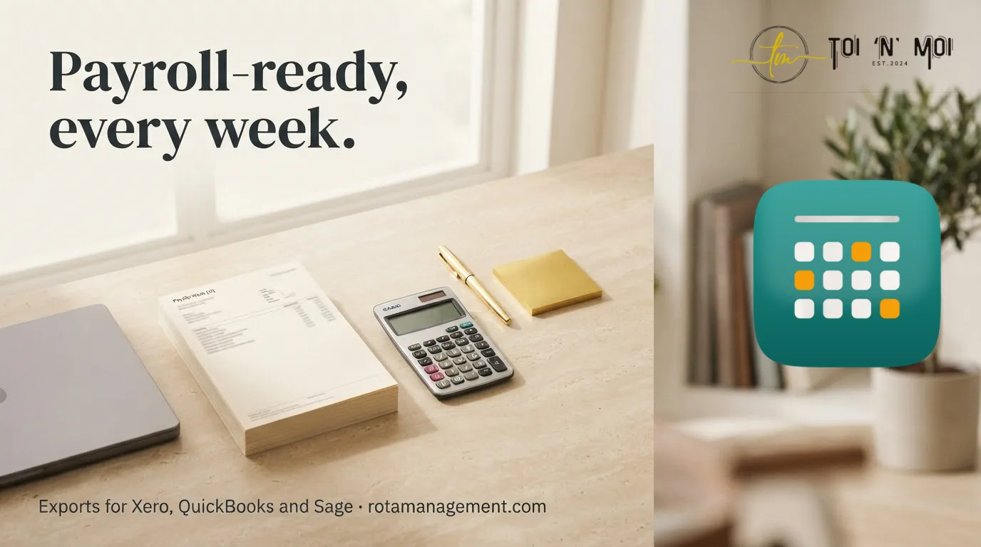 Payroll-ready, every week — exports for Xero, QuickBooks and Sage