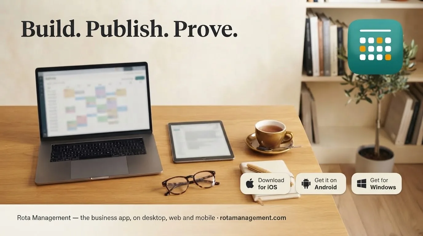 Build. Publish. Prove. — Rota Management, the business app on desktop, web and mobile