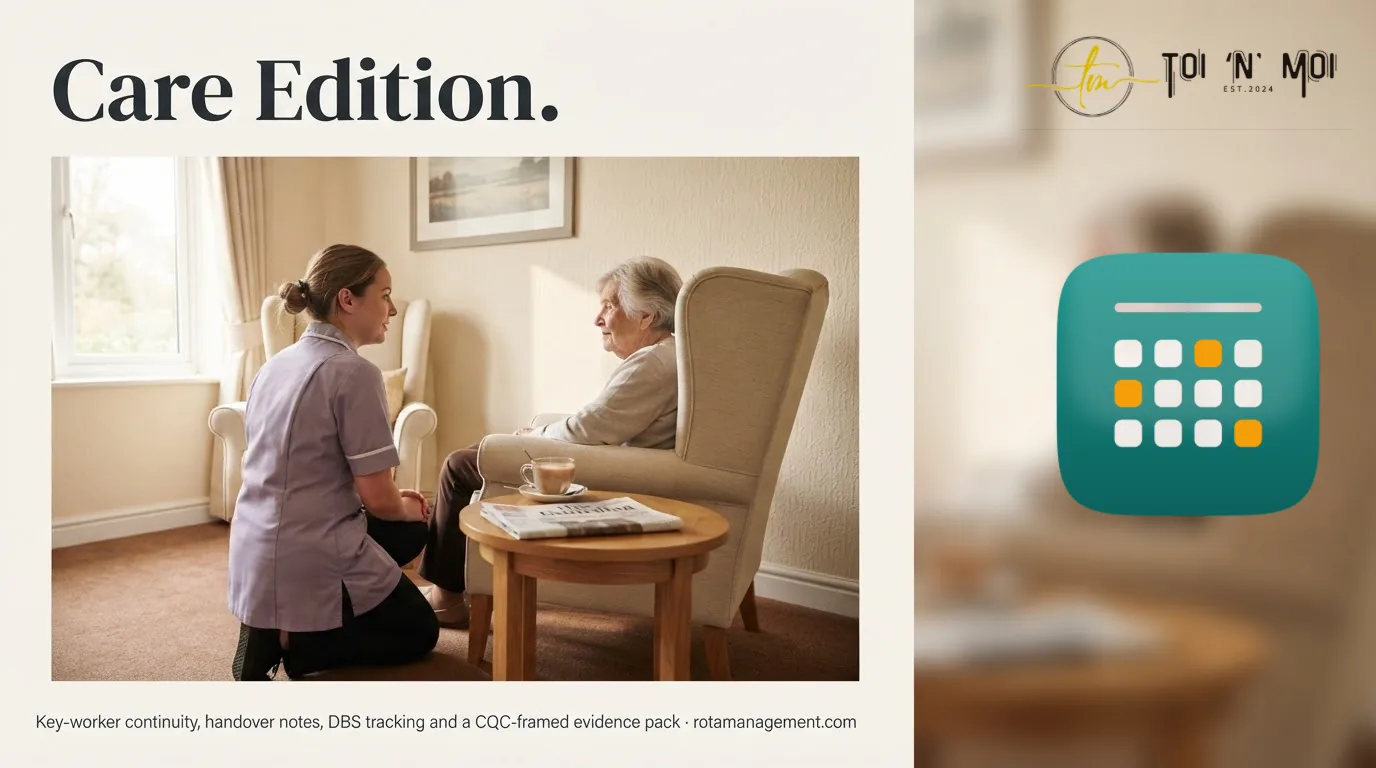 Care Edition — key-worker continuity, handover notes, DBS tracking and a CQC-framed evidence pack