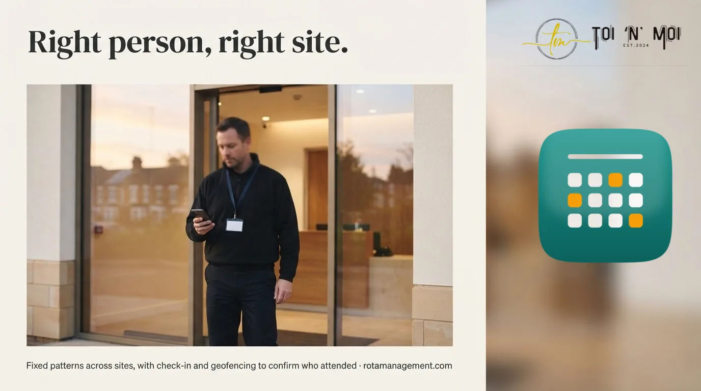 Right person, right site — fixed patterns across sites, with check-in and geofencing