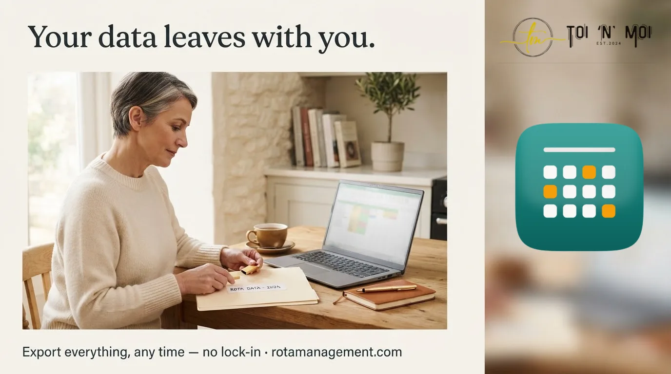 Your data leaves with you — export everything, any time, no lock-in